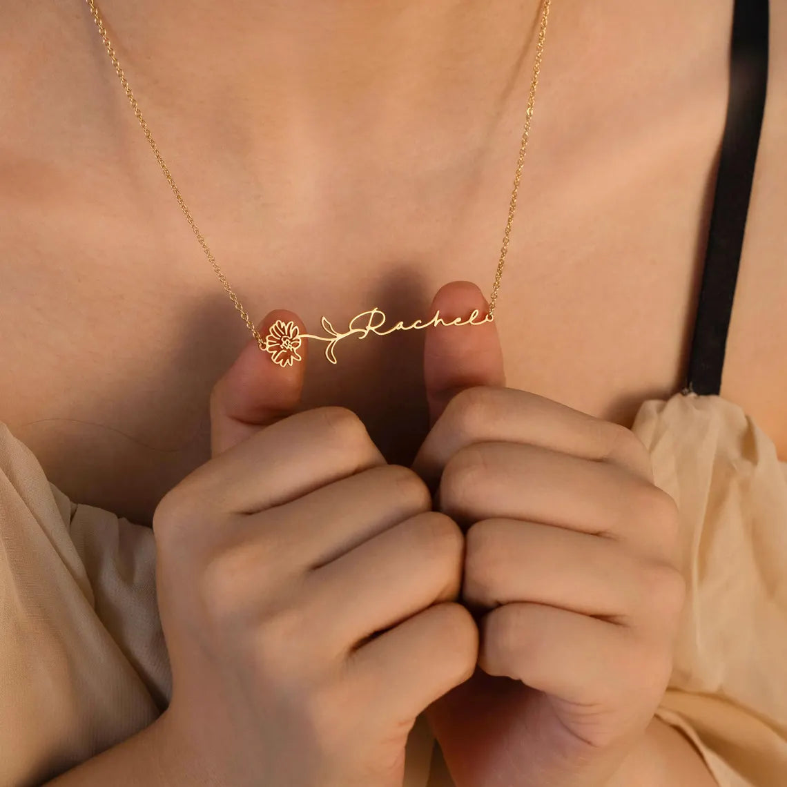 Horizontal Birth Flower Name Necklace