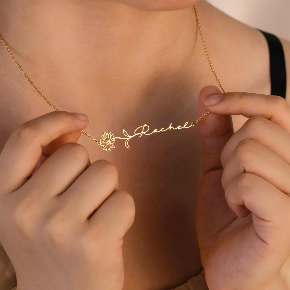 Horizontal Birth Flower Name Necklace