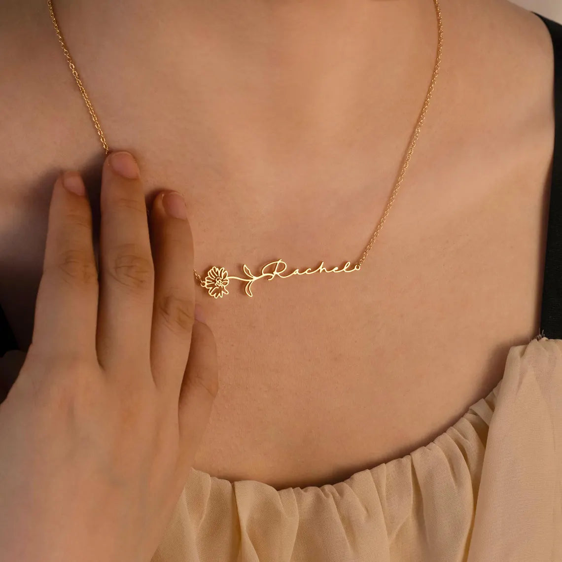 Horizontal Birth Flower Name Necklace