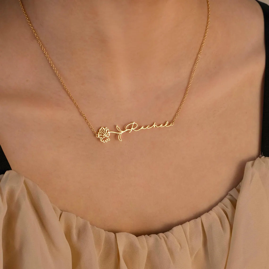 Horizontal Birth Flower Name Necklace